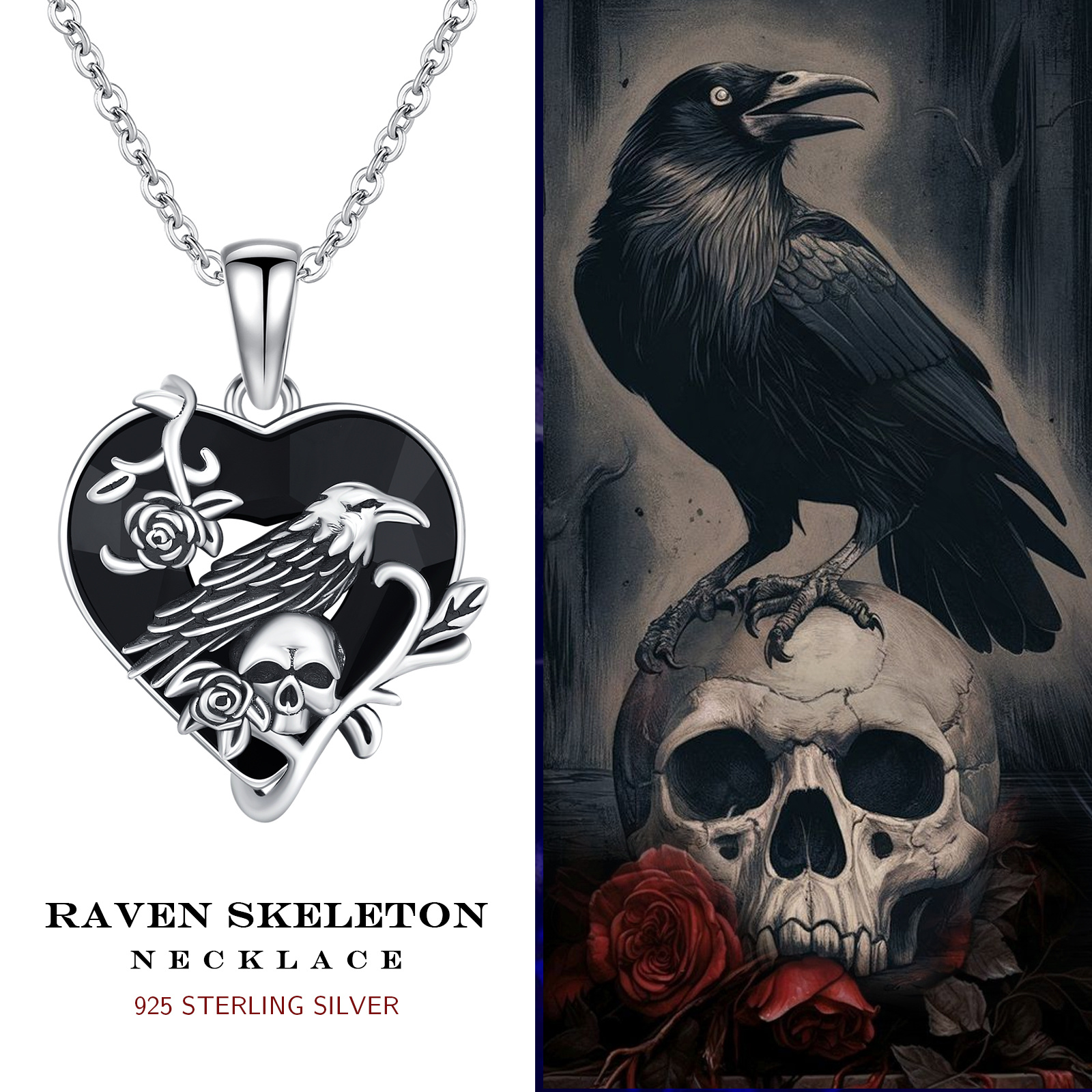 925 Sterling Silver Raven Skull Pendant Necklace, Gothic Gift